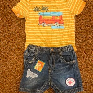 Striped Yellow onesie and Denim Shorts Set